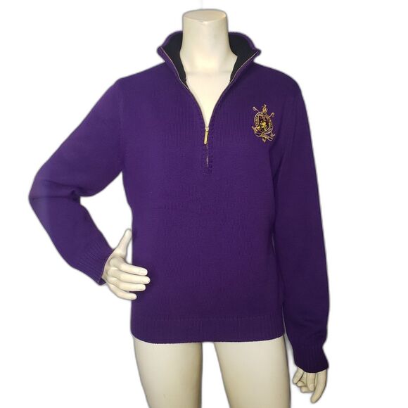 Lauren Ralph Lauren Sweater Womens XL Purple Quarter Zip Mock Neck Crest Cotton - Picture 1 of 11